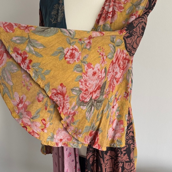 Patchwork Floral Kimono in Teal, Yellow, Pink & Brown with Flowy Bell Sleeves - Picture 4 of 6
